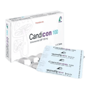 A close-up image of Candicon 100 tablets in blister packaging, emphasizing the brand name and dosage of Voriconazole 100 mg.