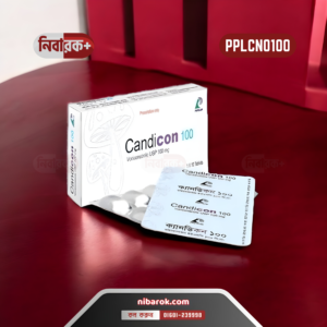 A close-up image of Candicon 100 tablets in blister packaging, emphasizing the brand name and dosage of Voriconazole 100 mg.