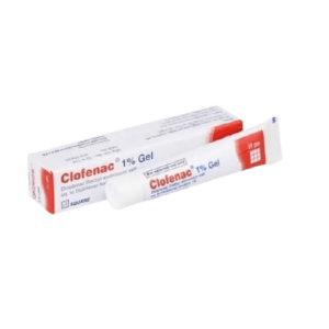 A tube of Clofenac 1% Gel with clear labeling, manufactured by Square Pharmaceuticals, placed against a white background.