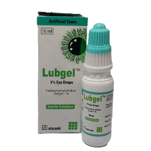 A 10ml bottle of Lubgel Sterile Eye Drops for dry eye relief from Square Pharmaceuticals.