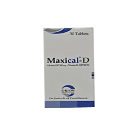 "Maxical D Tablets - Calcium Carbonate and Vitamin D3 supplement for bone health in a white plastic bottle with blue labeling by Orion Pharma Ltd."