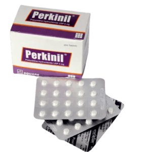 Close-up image of Perkinil 5 tablets in a blister pack by Square Pharmaceuticals Limited.