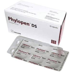 Image of Phylopen DS capsule packaging displaying the brand name, dosage, and manufacturer (Square Pharmaceuticals).