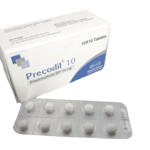 A strip of Precodil 10 tablets, showing 10 white round tablets in sealed packaging.