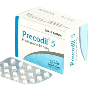 Featured image of Precodil 5, a 5mg tablet pack from Opsonin Pharma, used to treat inflammation and autoimmune disorders.