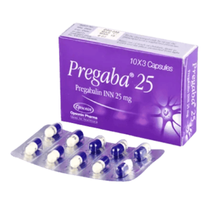 Pregaba 25mg capsules in blister packaging with brand logo.