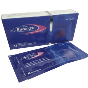 Image of a white blister pack of Rabe-20 tablets with Rabeprazole Sodium 20mg written clearly on it.