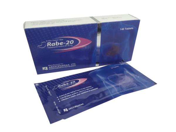 Image of a white blister pack of Rabe-20 tablets with Rabeprazole Sodium 20mg written clearly on it.