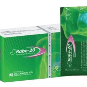 A blister pack of Rabe-20 capsules from Aristopharma, showing the capsule layout and packaging.