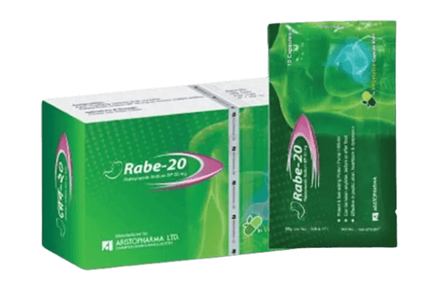 A blister pack of Rabe-20 capsules from Aristopharma, showing the capsule layout and packaging.