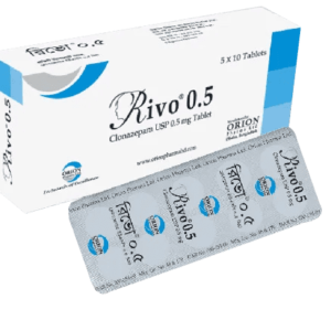 Rivo 0.5 mg tablet in blister packaging, used for treating panic disorders and seizures.