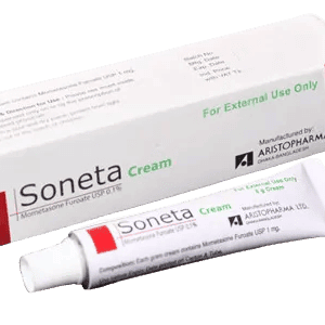 Soneta 5g cream tube with Mometasone Furoate for treating inflammatory skin conditions.