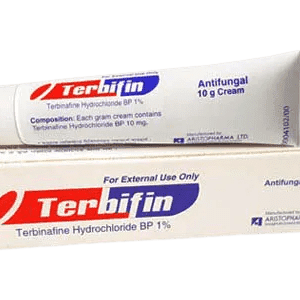 A tube of Terbifin Cream 1% antifungal ointment for treating skin infections caused by fungi.