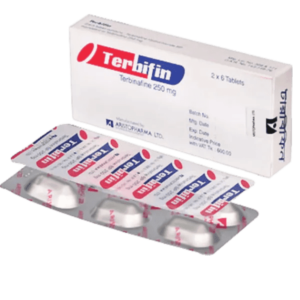 A white tablet of Terbifin 250 in a blister pack, used for treating fungal infections like ringworm and onychomycosis.