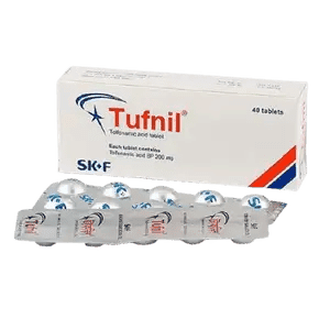 A white blister pack of Tufnil tablets containing Tolfenamic acid 200mg by SK+F Pharmaceuticals.