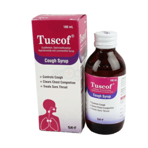 A 100 ml bottle of Tuscof Syrup, combining Guaifenesin, Levomenthol, and Diphenhydramine for cough and congestion relief.