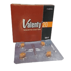 Image of Valenty 20 tablet packaging, containing Vardenafil 20mg for erectile dysfunction treatment.