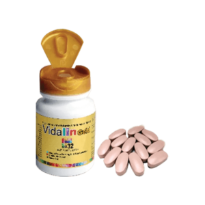 A close-up image of Vidalin Gold 30 tablet packaging, featuring the bottle of 30 film-coated tablets by Popular Pharmaceuticals Ltd.