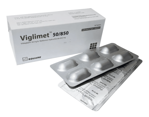 Image of Viglimet 50/850 tablet blister pack containing a combination of Vildagliptin 50mg and Metformin Hydrochloride 850mg used for type 2 diabetes management.