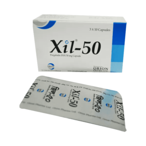 Xil-50 capsules in a blister pack used for neuropathic pain and epilepsy treatment.