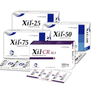 A pack of Xil-CR 82.5 tablets with clear labeling indicating it is a controlled-release form of pregabalin.