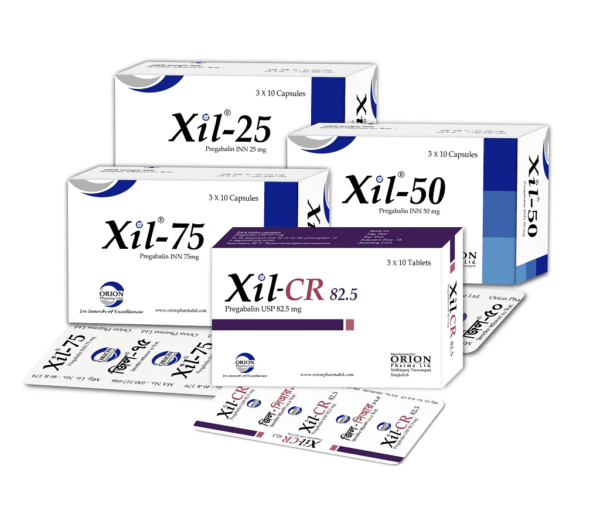 A pack of Xil-CR 82.5 tablets with clear labeling indicating it is a controlled-release form of pregabalin.