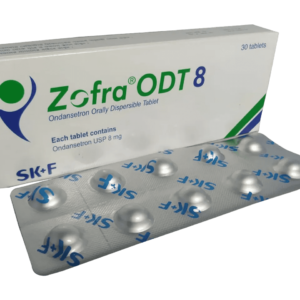 Image of Zofra ODT 8 tablet packaging, showing 8mg Ondansetron dosage.