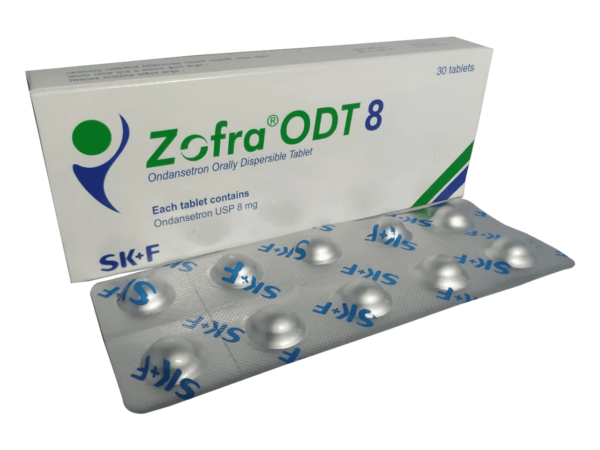 Image of Zofra ODT 8 tablet packaging, showing 8mg Ondansetron dosage.