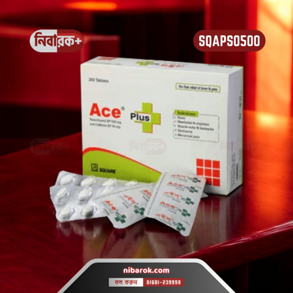 Ace Plus tablet packaging containing Paracetamol and Caffeine for pain relief.