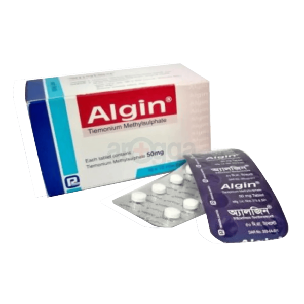 A blister pack of Algin Tiemonium Methylsulphate tablets, showing the branding and dosage information.