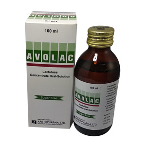 Avolac 100ml bottle, a Lactulose-based oral solution for constipation and hepatic encephalopathy treatment.