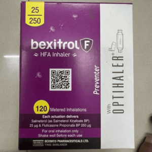 Bexitrol F HFA 25/250 Inhaler product image, showing the inhaler and packaging."