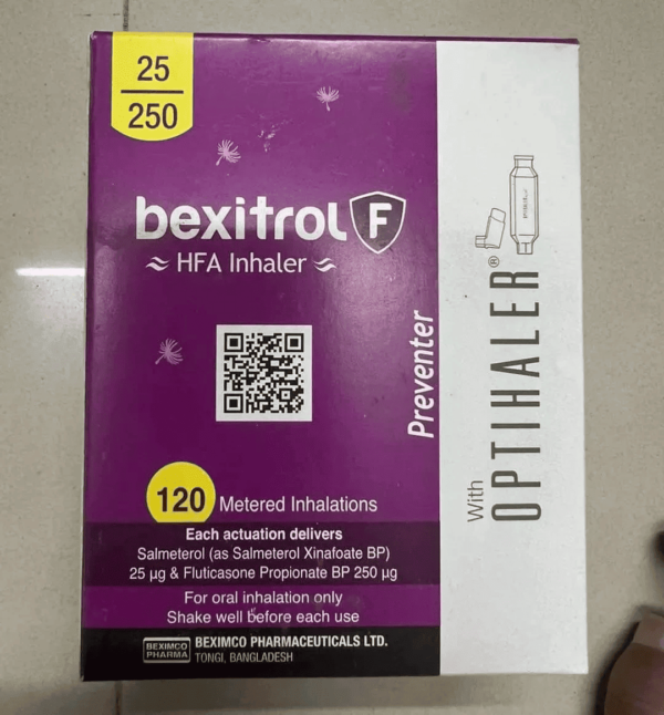 Bexitrol F HFA 25/250 Inhaler product image, showing the inhaler and packaging."