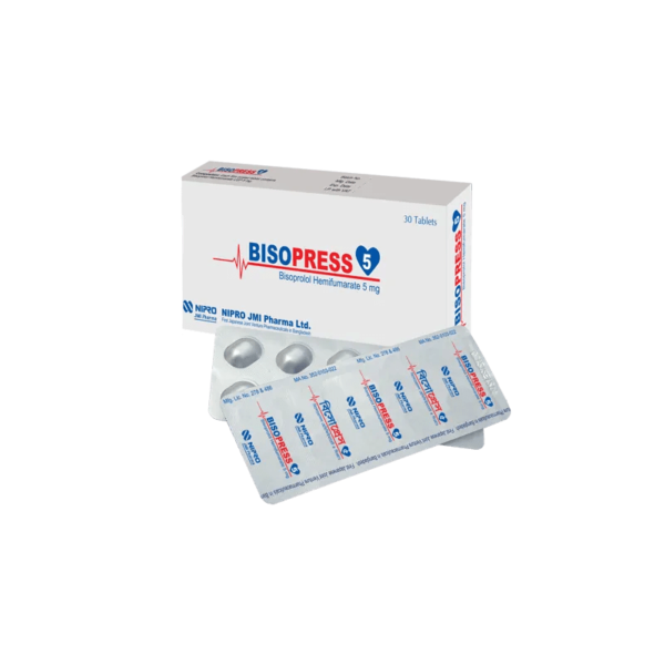 "Bisopress 5 Tablet – A selective beta-1 blocker for hypertension, angina, and heart failure, 5mg by Nipro JMI Pharma Ltd."