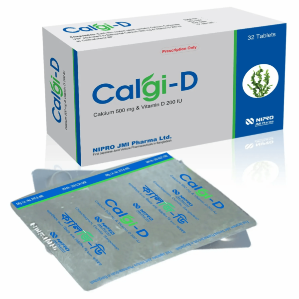 Calgi-D tablet packaging by NIPRO JMI Pharma, containing calcium and vitamin D3 for bone health and osteoporosis prevention.