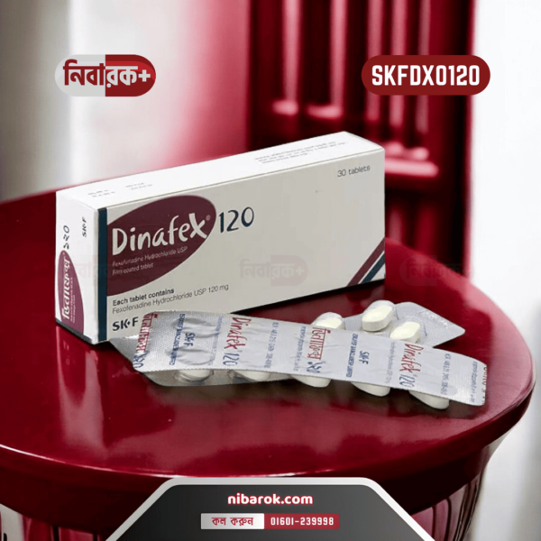 An image of Dinafex 120, a Fexofenadine Hydrochloride 120 mg tablet package from SK+F Pharmaceuticals, used to relieve seasonal allergy symptoms and urticaria.