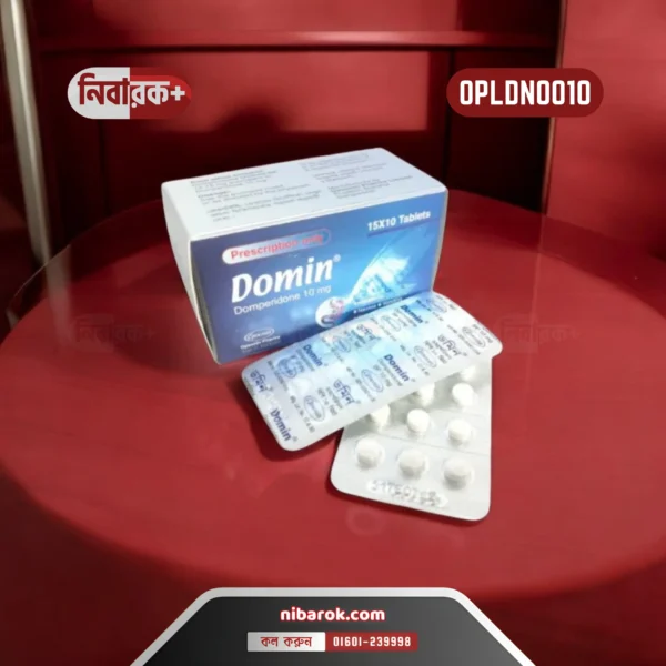 A pack of Domin 10 tablets displaying dosage and branding information.