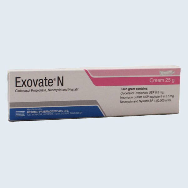 Exovate N 25 Cream (Clobetasol Propionate + Neomycin Sulfate + Nystatin) in original packaging by Beximco Pharmaceuticals Ltd.