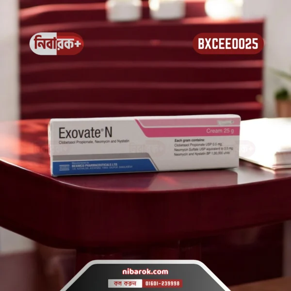 Exovate N 25 Cream (Clobetasol Propionate + Neomycin Sulfate + Nystatin) in original packaging by Beximco Pharmaceuticals Ltd.