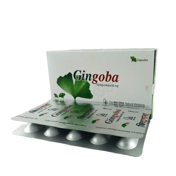 A close-up of Gingoba 60 capsule bottle by IBN SINA Pharmaceuticals, displaying dosage information and packaging details.