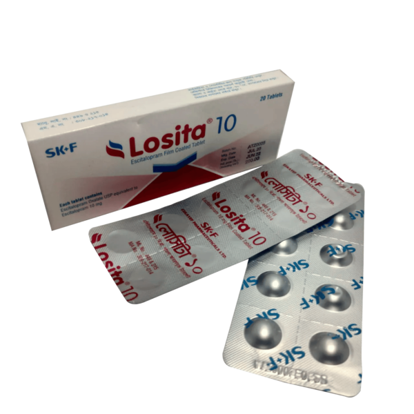 Losita 10 Tablet box with 10 mg escitalopram for treating anxiety and depression by SK+F Pharmaceuticals."