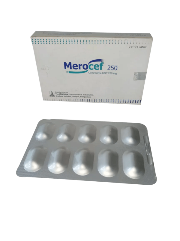 A pack of Merocef 250mg tablets with the product label and packaging design visible.