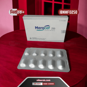 A pack of Merocef 250mg tablets with the product label and packaging design visible.