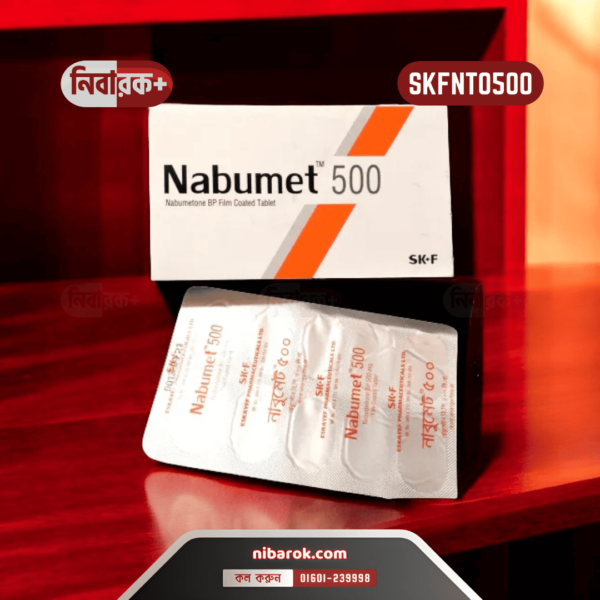 A white Nabumetone 500 mg tablet from SK+F Pharmaceuticals in a clear blister pack.