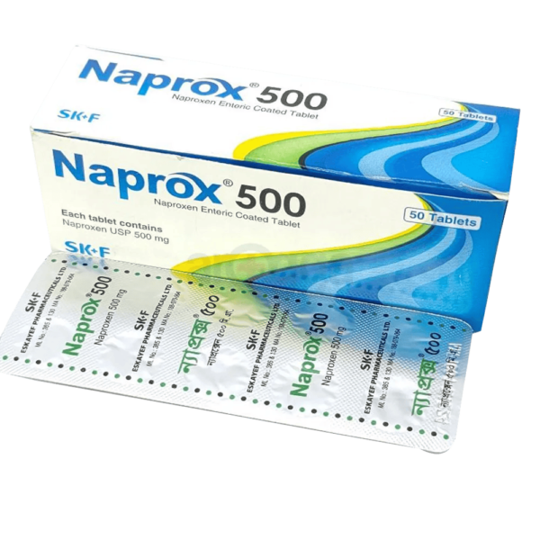 Image of Naprox 500 tablets, a non-steroidal anti-inflammatory drug used for pain and inflammation relief.