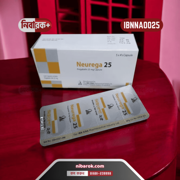 Pregabalin capsule packaging, featuring Neurega 25 mg, highlighting its uses for neuropathic pain relief and seizure management.