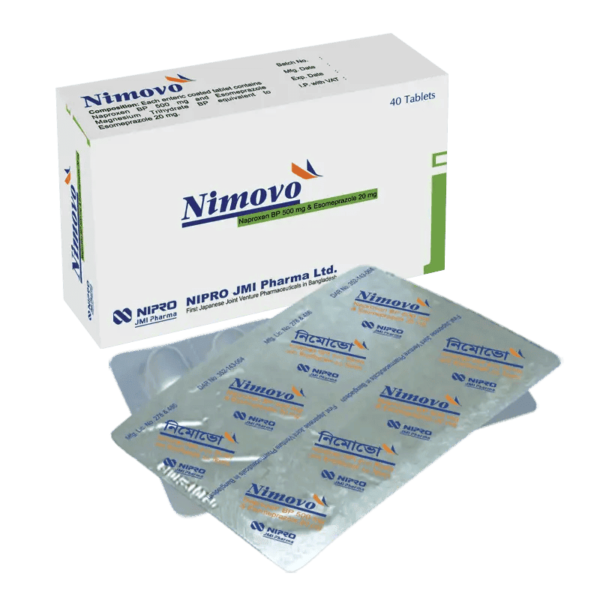 Image of Nimovo 500 tablet packaging showing Naproxen Sodium and Esomeprazole Magnesium, a combination medication for arthritis treatment.