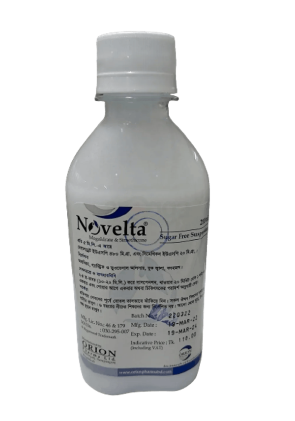 A 200 ml bottle of Novelta Oral Suspension, depicting the product packaging by Orion Pharma.