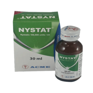 A 30 ml bottle of Nystat Oral Suspension with a white and green label from ACME Laboratories.