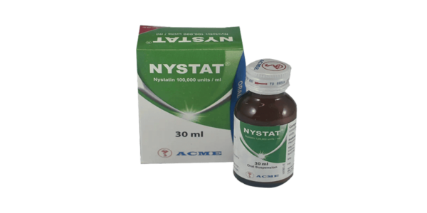 A 30 ml bottle of Nystat Oral Suspension with a white and green label from ACME Laboratories.